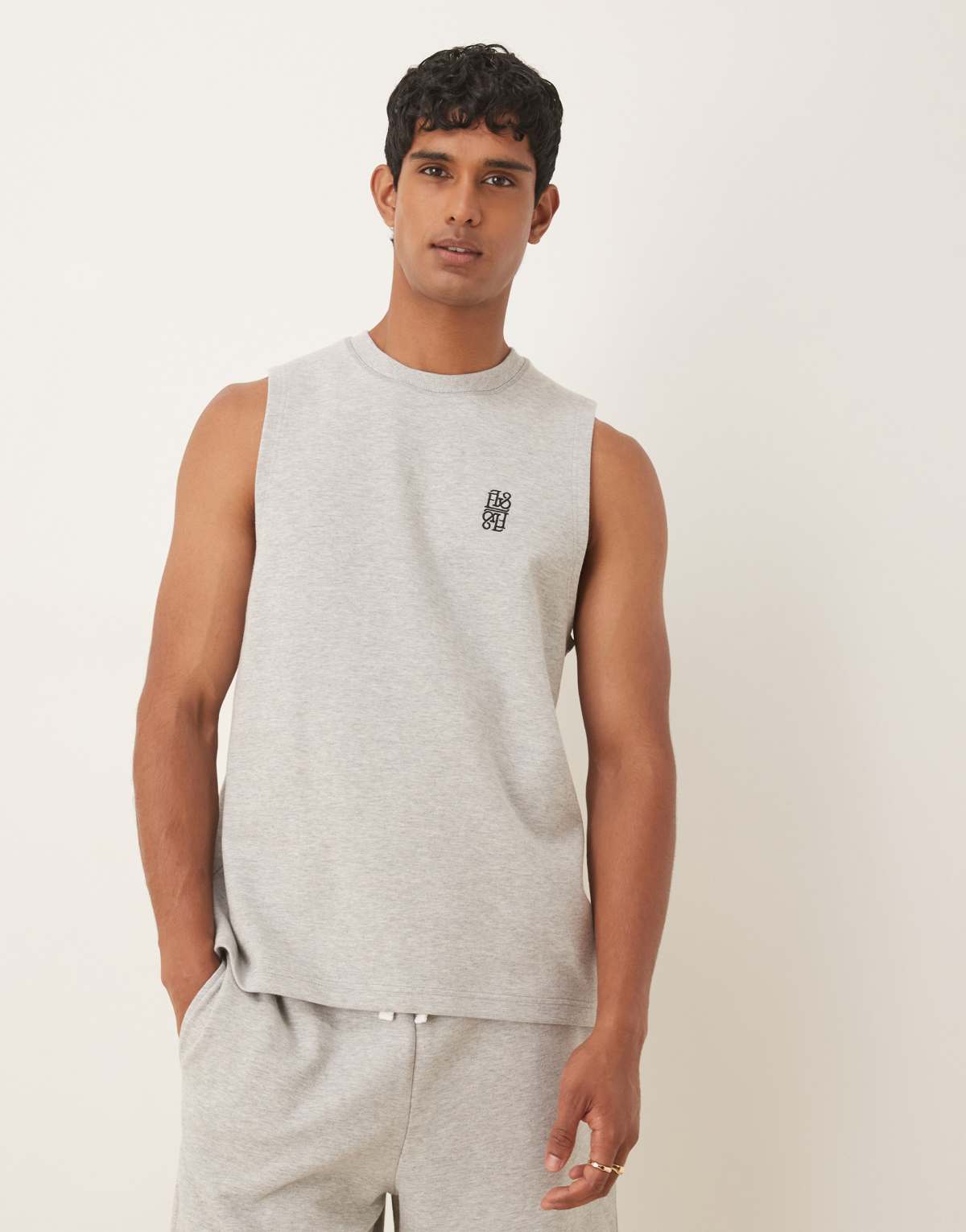 ASOS DESIGN boxy relaxed heavyweight loopback vest with embroidery in grey marl