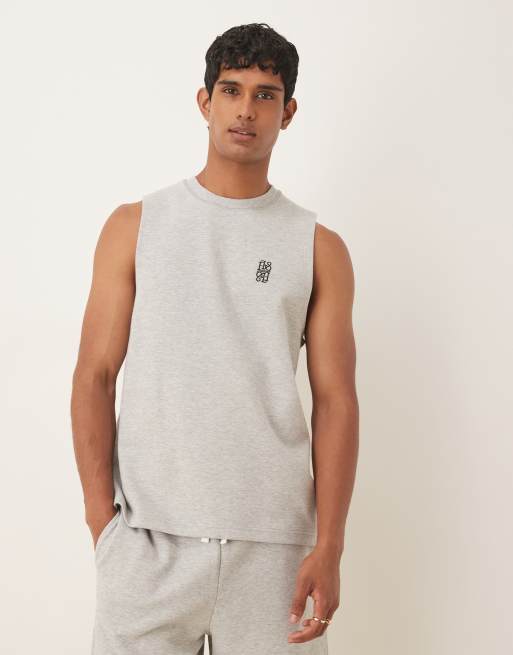 ASOS DESIGN boxy relaxed heavyweight loopback vest with embroidery in grey marl