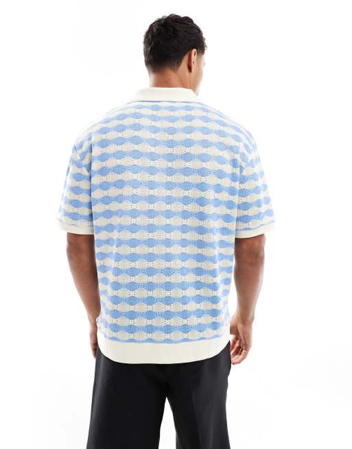 ASOS DESIGN boxy relaxed heavyweight polo in blue and white textured stripe