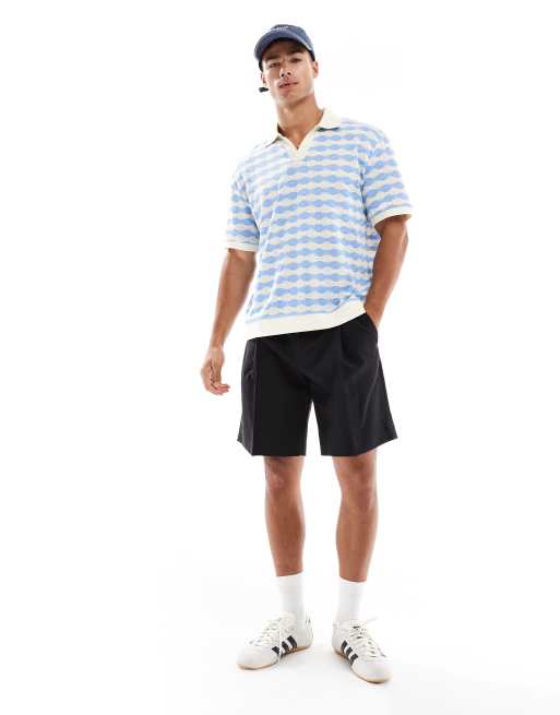 ASOS DESIGN boxy relaxed heavyweight polo in blue and white textured stripe