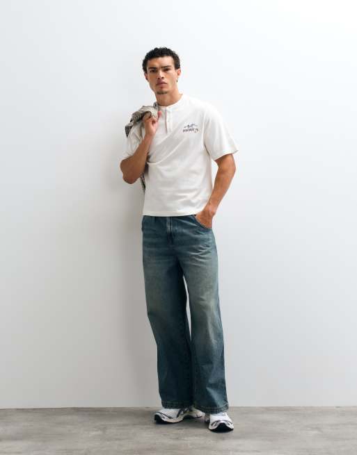 ASOS DESIGN boxy relaxed henley t-shirt with chest graphic in cream, 2 of 5