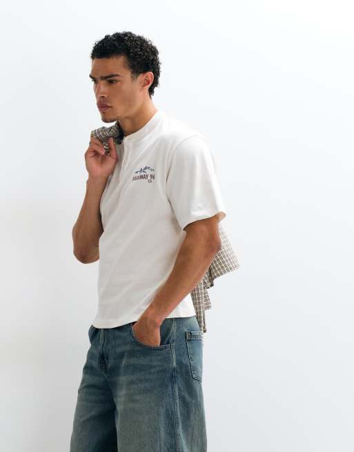 ASOS DESIGN boxy relaxed henley t-shirt with chest graphic in cream, 3 of 5