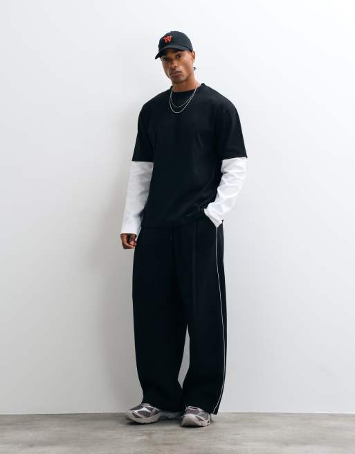 ASOS DESIGN boxy relaxed interlock double layer long sleeve t-shirt in black, 2 of 5
