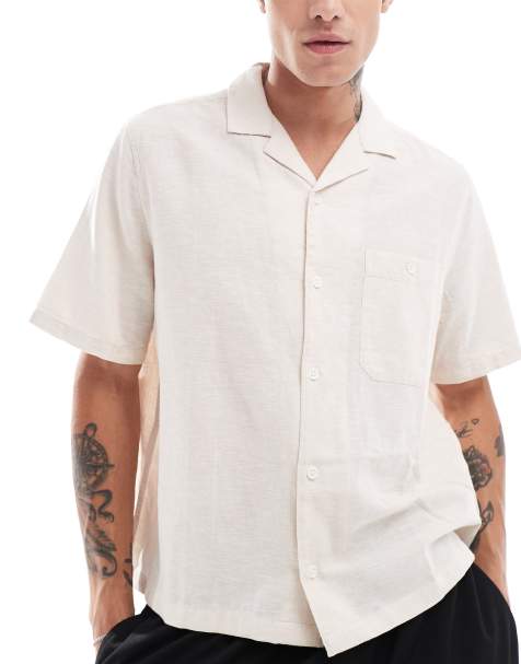 ASOS DESIGN boxy relaxed linen shirt with revere collar in ecru - view 1