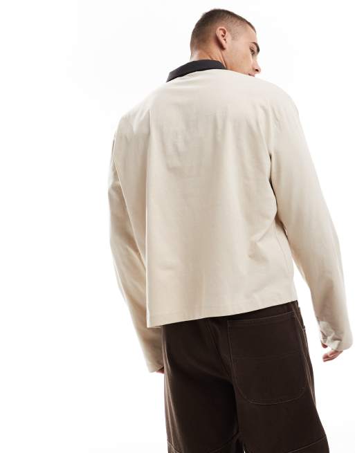 ASOS DESIGN boxy relaxed long sleeve polo in beige, 2 of 4