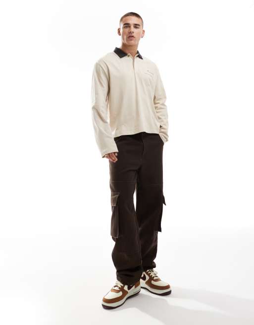 ASOS DESIGN boxy relaxed long sleeve polo in beige, 4 of 4