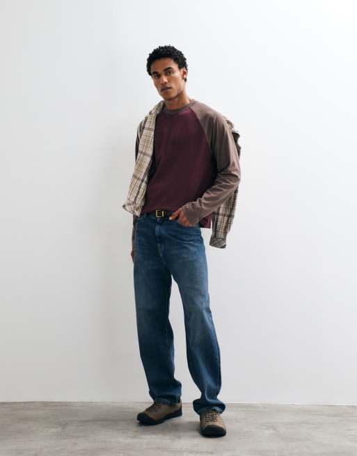 ASOS DESIGN boxy relaxed long sleeve raglan t-shirt in washed burgundy, 2 of 5