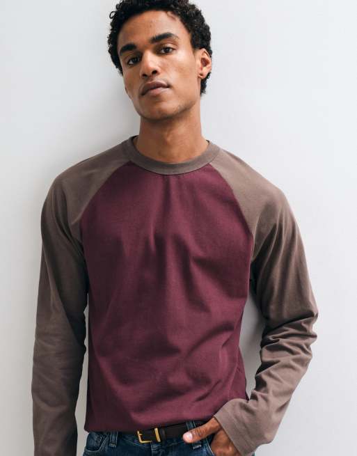 ASOS DESIGN boxy relaxed long sleeve raglan t-shirt in washed burgundy, 3 of 5