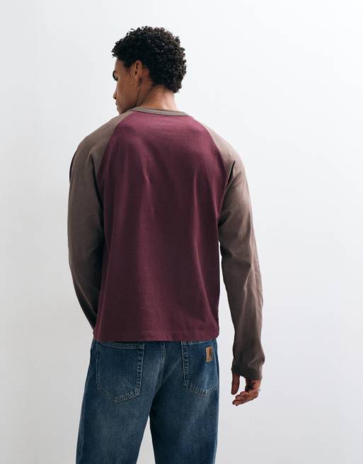 ASOS DESIGN boxy relaxed long sleeve raglan t-shirt in washed burgundy, 5 of 5