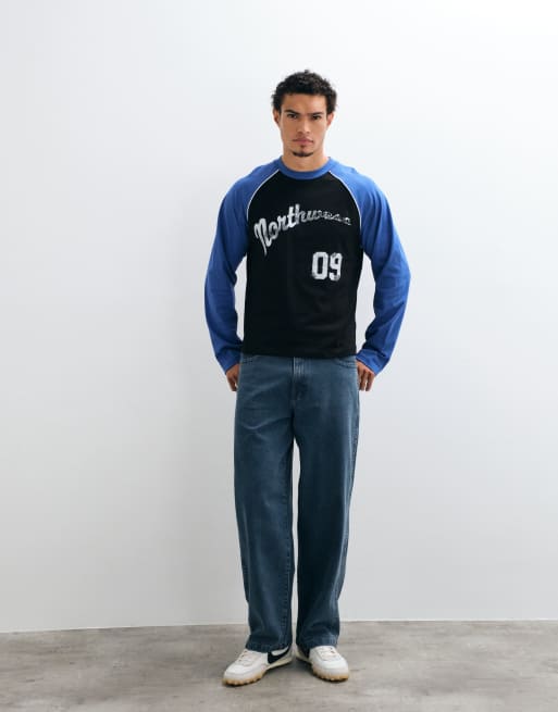 ASOS DESIGN boxy relaxed long sleeve raglan t-shirt with sports print in blue, 2 of 5
