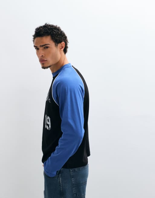 ASOS DESIGN boxy relaxed long sleeve raglan t-shirt with sports print in blue, 4 of 5
