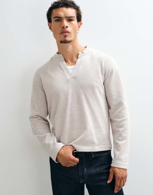 ASOS DESIGN boxy relaxed long sleeve t-shirt with deep v collar in stone texture, 2 of 5