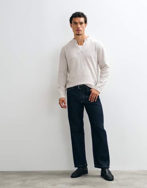 ASOS DESIGN boxy relaxed long sleeve t-shirt with deep v collar in stone texture, 3 of 5