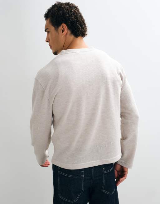 ASOS DESIGN boxy relaxed long sleeve t-shirt with deep v collar in stone texture, 4 of 5