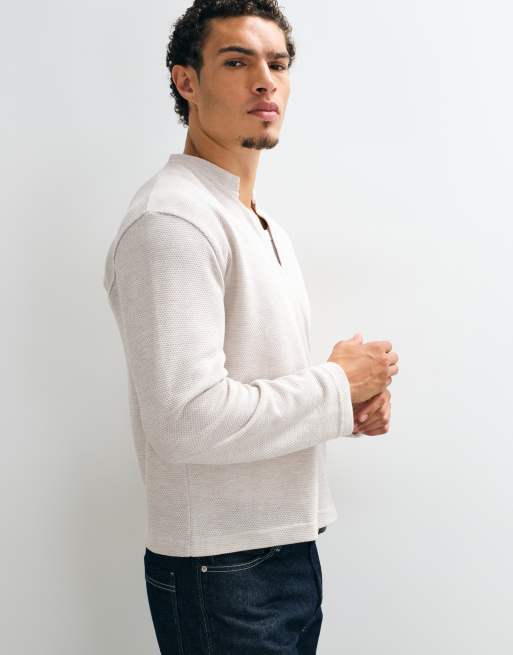 ASOS DESIGN boxy relaxed long sleeve t-shirt with deep v collar in stone texture, 5 of 5