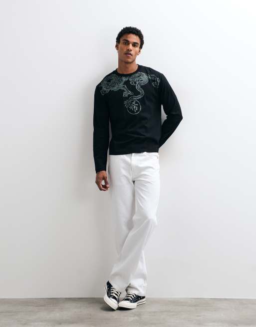 ASOS DESIGN boxy relaxed long sleeve t-shirt with dragon graphic in black, 2 of 5