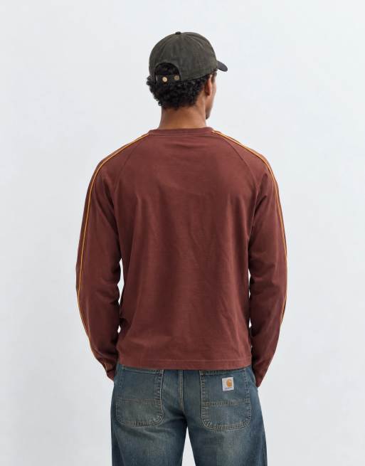 ASOS DESIGN boxy relaxed long sleeve t-shirt with Sakura print and piping in brown, 7 of 9