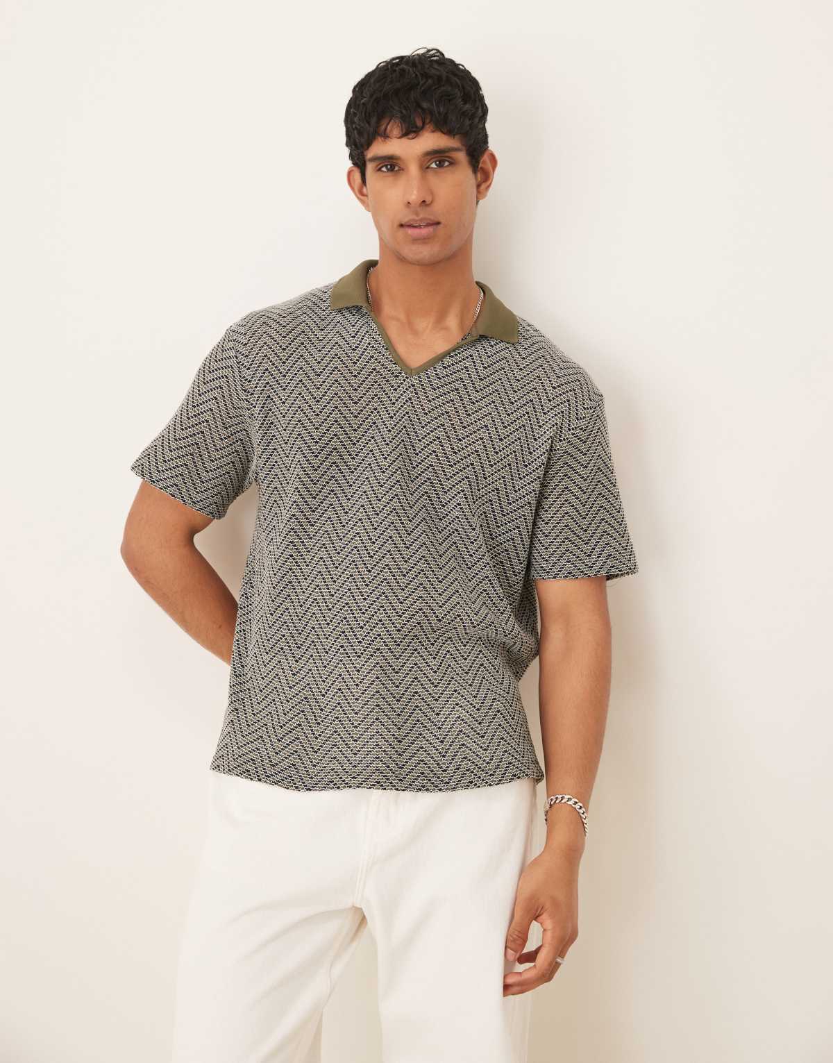 ASOS DESIGN boxy relaxed polo in green crochet