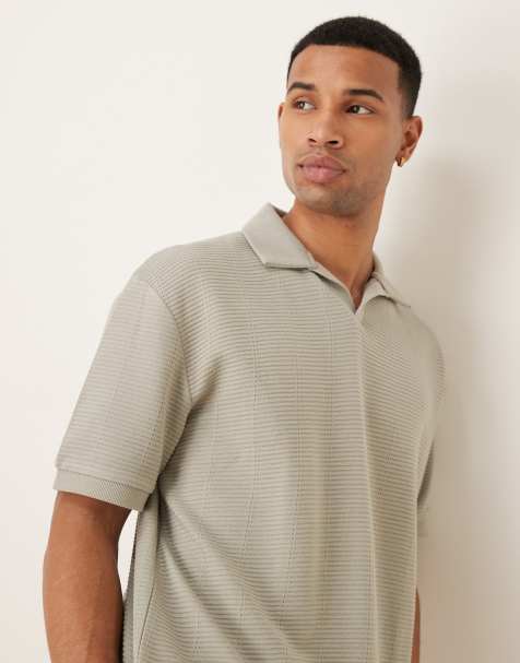 ASOS DESIGN boxy relaxed polo in neutral textured stripe