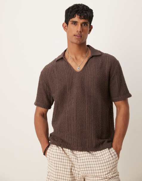 ASOS DESIGN boxy relaxed polo shirt with open collar in brown texture - view 1