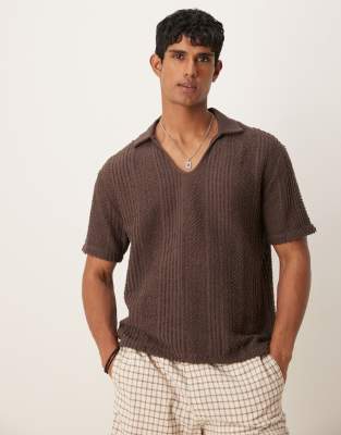 Asos Design Boxy Relaxed Polo With Open Collar In Brown