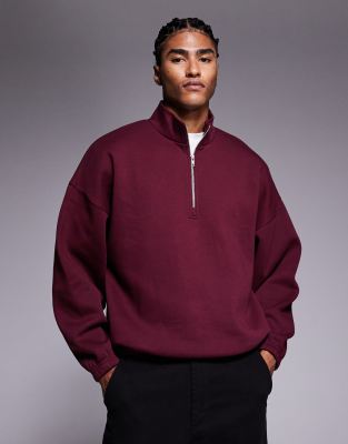 Asos Design Boxy Relaxed Quarter Zip Sweatshirt In Burgundy