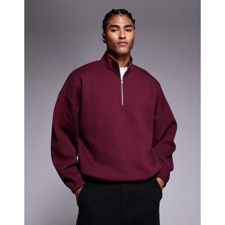 ASOS DESIGN boxy relaxed quarter zip sweatshirt in burgundy