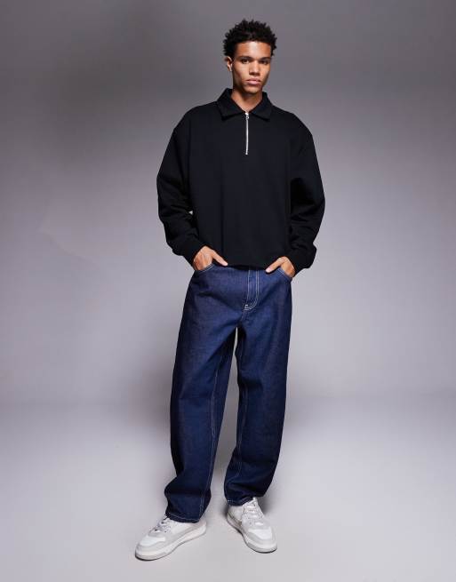 ASOS DESIGN boxy relaxed quarter zip sweatshirt with collar in black, 2 of 5