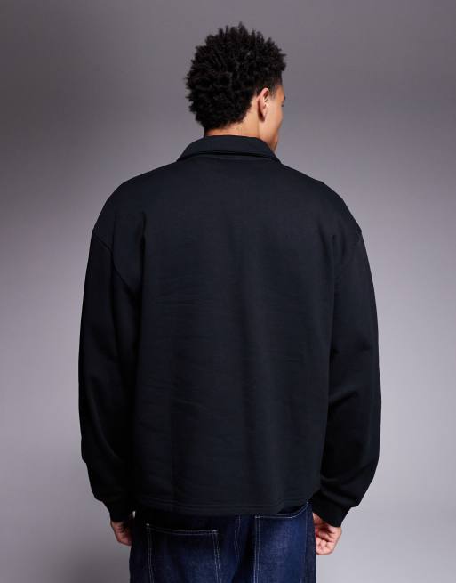 ASOS DESIGN boxy relaxed quarter zip sweatshirt with collar in black, 3 of 5