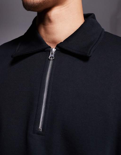 ASOS DESIGN boxy relaxed quarter zip sweatshirt with collar in black, 5 of 5