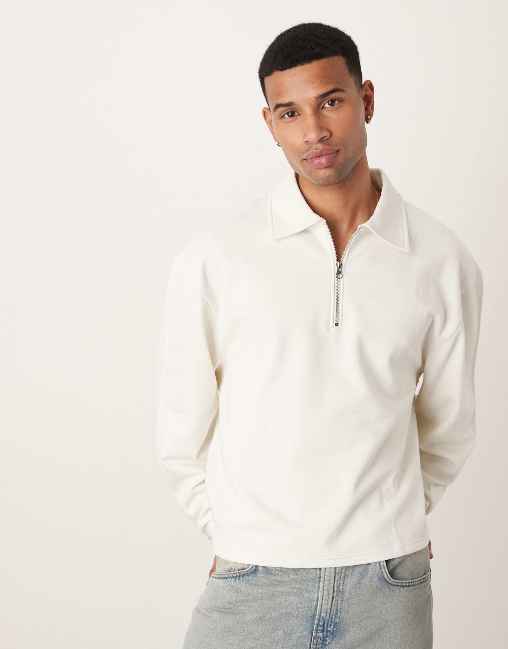 ASOS DESIGN boxy relaxed quarter zip sweatshirt with collar in off white