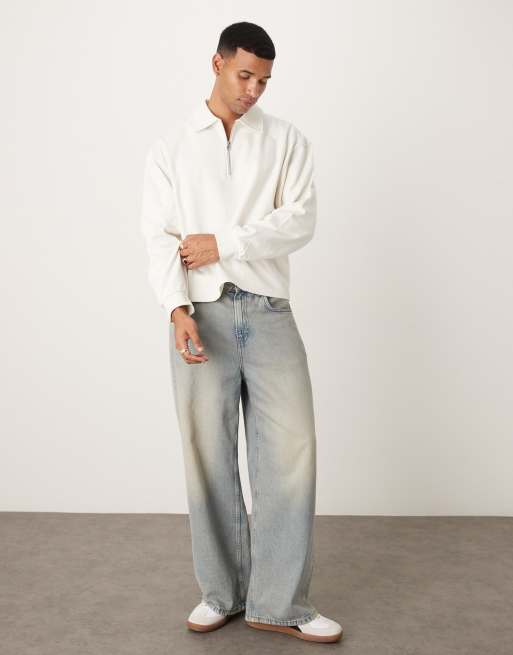 ASOS DESIGN boxy relaxed quarter zip sweatshirt with collar in off