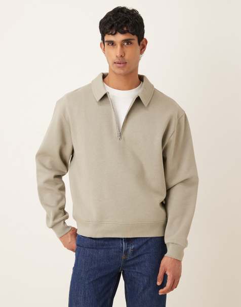 ASOS DESIGN boxy relaxed quarter zip sweatshirt with collar in sage - view 1