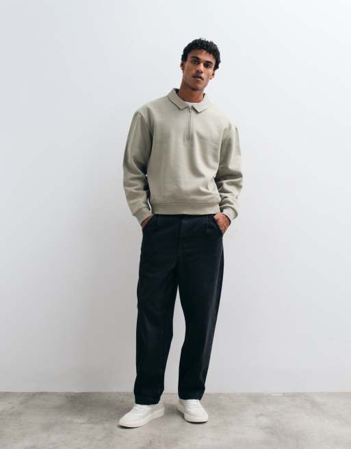ASOS DESIGN boxy relaxed quarter zip sweatshirt with collar in sage, 3 of 5