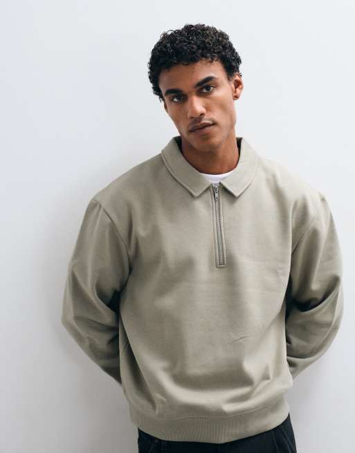 ASOS DESIGN boxy relaxed quarter zip sweatshirt with collar in sage, 5 of 5