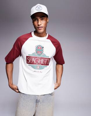 Asos Design Boxy Relaxed Raglan T-shirt With Text Graphic In Burgundy