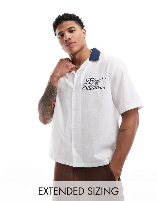 FhyzicsShops DESIGN boxy relaxed revere bowling shirt with chest embroidery in white