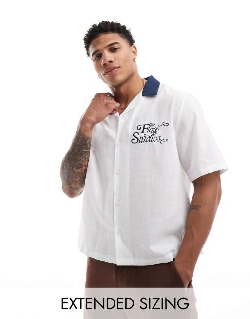 FhyzicsShops DESIGN boxy relaxed revere bowling shirt with chest embroidery in white