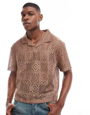 ASOS DESIGN boxy relaxed revere polo in brown crochet