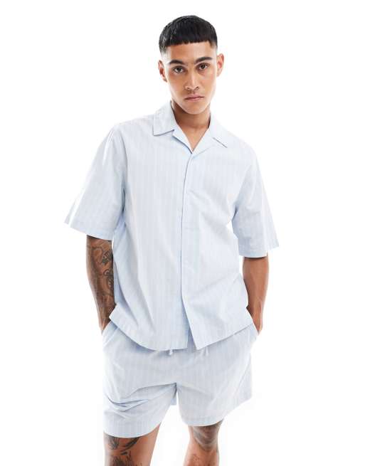 ASOS DESIGN boxy relaxed revere shirt in blue and white stripe (part of a set)