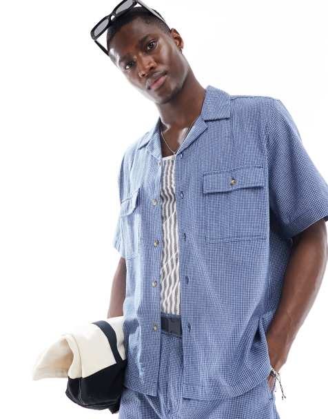 ASOS DESIGN boxy relaxed revere shirt in blue dad check (part of a set) - view 1