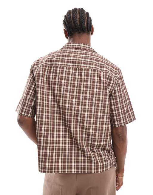 ASOS DESIGN boxy relaxed camp collar shirt in brown plaid with chest embroidery