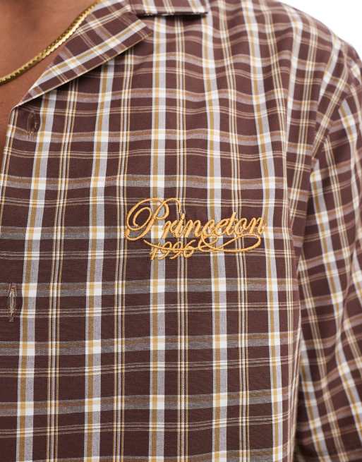 ASOS DESIGN boxy relaxed camp collar shirt in brown plaid with chest embroidery