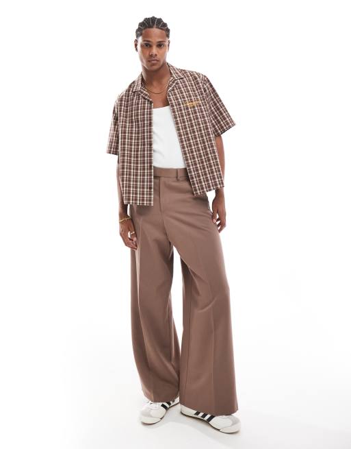 ASOS DESIGN boxy relaxed camp collar shirt in brown plaid with chest embroidery