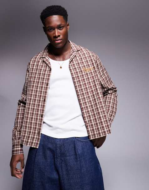 ASOS DESIGN boxy relaxed revere shirt in brown check with chest embroidery - view 1