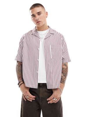 ASOS DESIGN boxy relaxed revere shirt in burgundy and pink workwear stripe