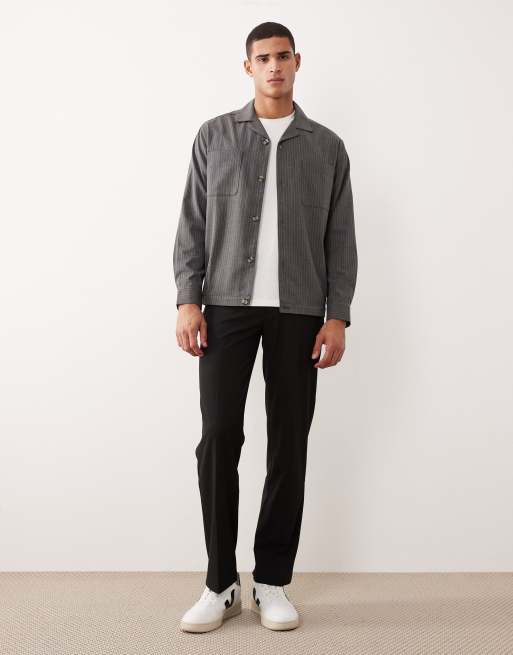 ASOS DESIGN boxy relaxed revere shirt in grey pinstripe, 2 of 5