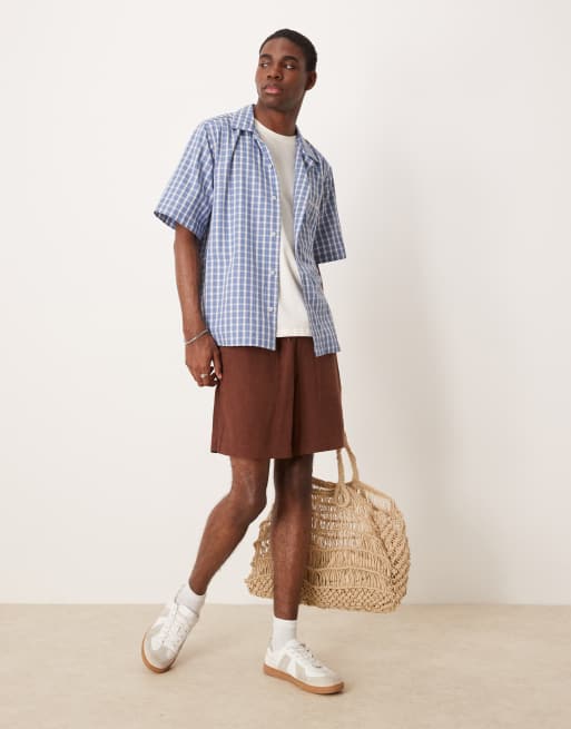 ASOS DESIGN - Afslappet blå skjorte med reverskrave, firkantet pasform og brystbrodering