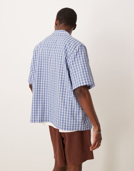 ASOS DESIGN - Afslappet blå skjorte med reverskrave, firkantet pasform og brystbrodering