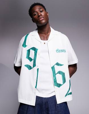 Asos Design Boxy Relaxed Revere Shirt With Front Placement Print-white